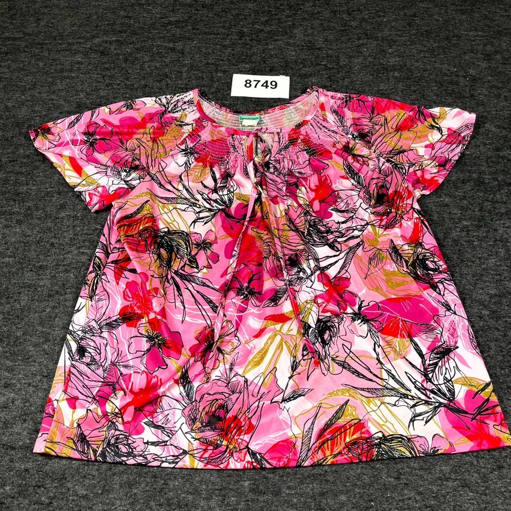 Sara Morgan‎ Blouse Top Womens Medium Pink Floral Smocked Round Neck Casual